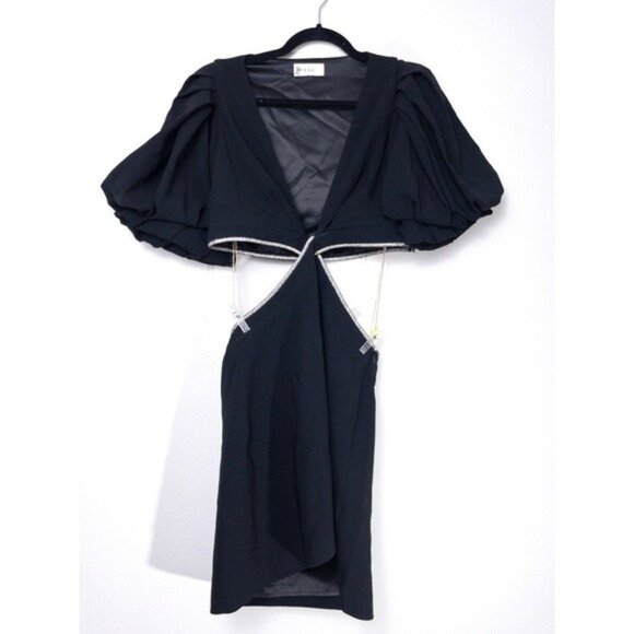 ALC Hazel Crystal Twist Cutout Mini Dress 12 Black Balloon Puff Sleeve Formal - Picture 7 of 16